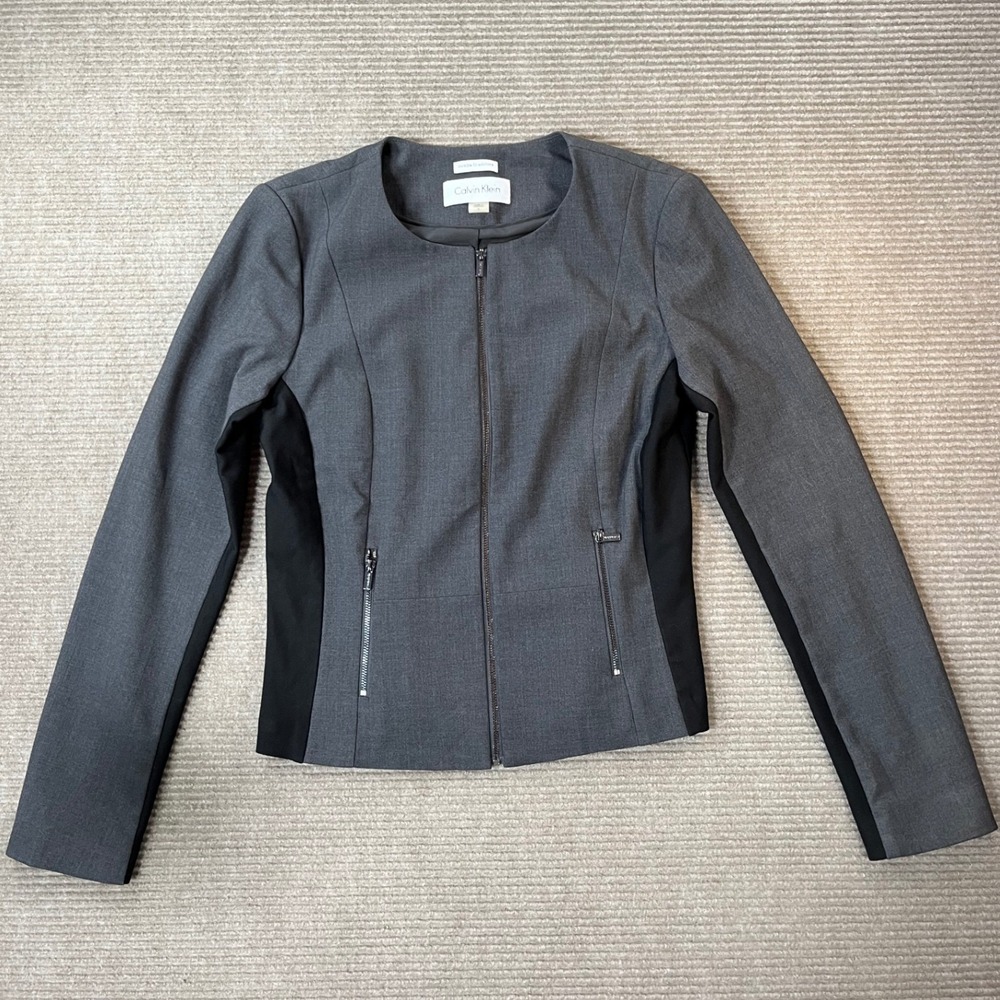 Calvin Klein Womens Grey Black Colorblock Zip Front Collarless Blazer Jacket 6